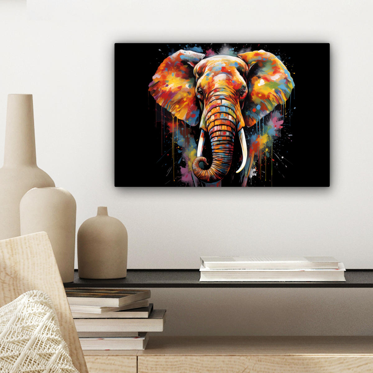 LEINWANDBILD Elefant - Graffiti - Schwarz - Tiere - Farben 30x20 cm - Schwarz, Textil (30/20cm) - MuchoWow