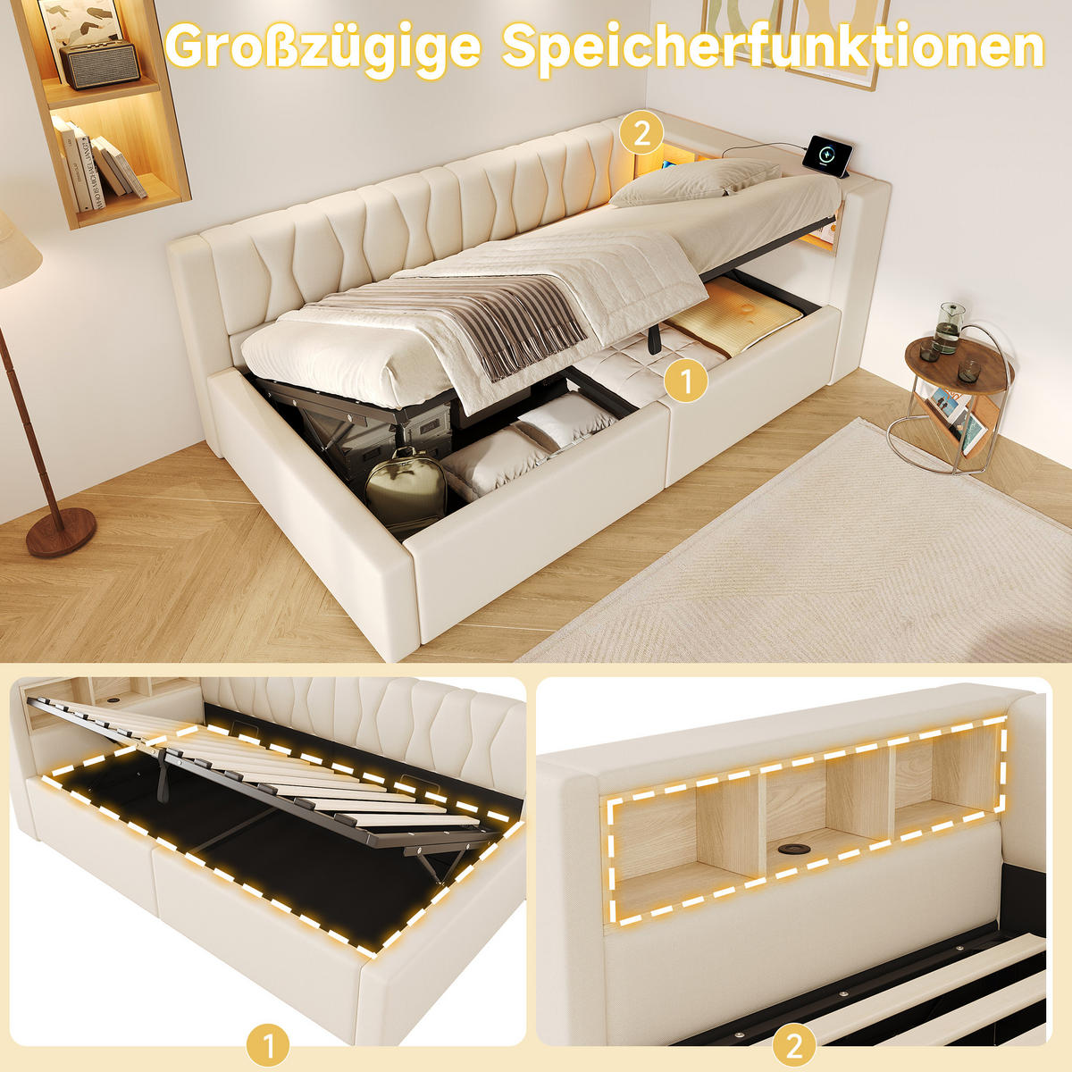 TAGESBETT 90x200cm Schlafsofa Hydraulik LED USB Beige - Beige, Naturmaterialien (90/200cm) - FLIEKS