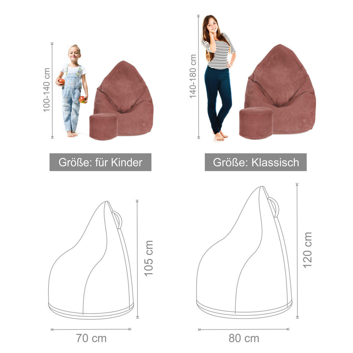 SITZSACK MIT FUßSTÜTZE Kordsamt 2-tlg Ginger Spice S - Kupferfarben, Textil (70/105/70cm) - Dreamroots
