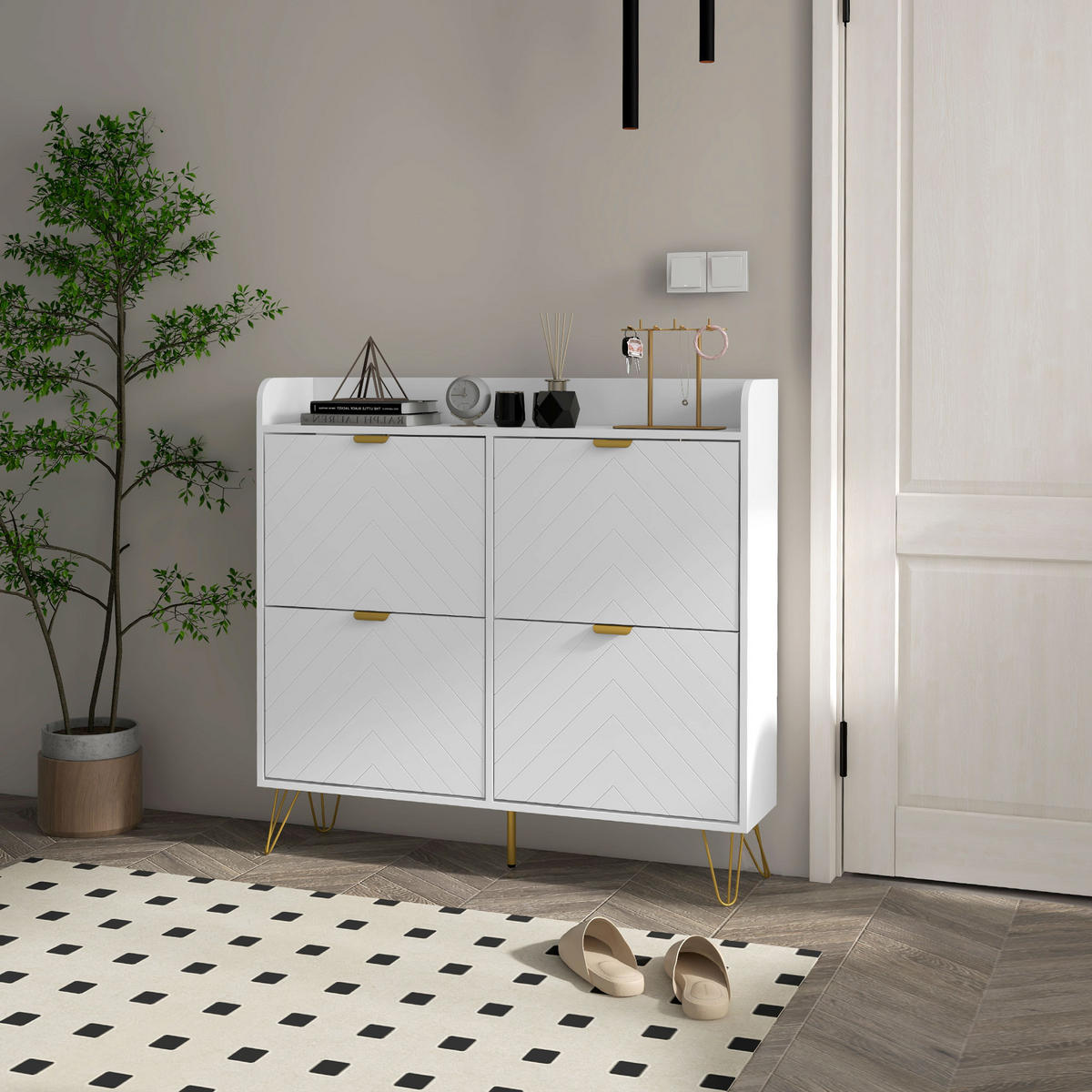 SCHUHSCHRANK DE-15008 4 Klapptüren mit verstellbaren Böden Weiß - Weiß, Holzwerkstoff (106/102/24cm) - ComfortXL