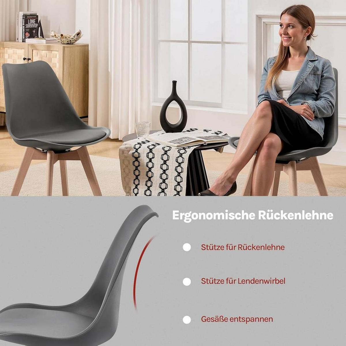 STUHL 4er Set, drehbar, Kunstleder, Massivholz, Grau - Buchefarben/Grau, Holz/Kunststoff (48/83/58.5cm) - Woltu
