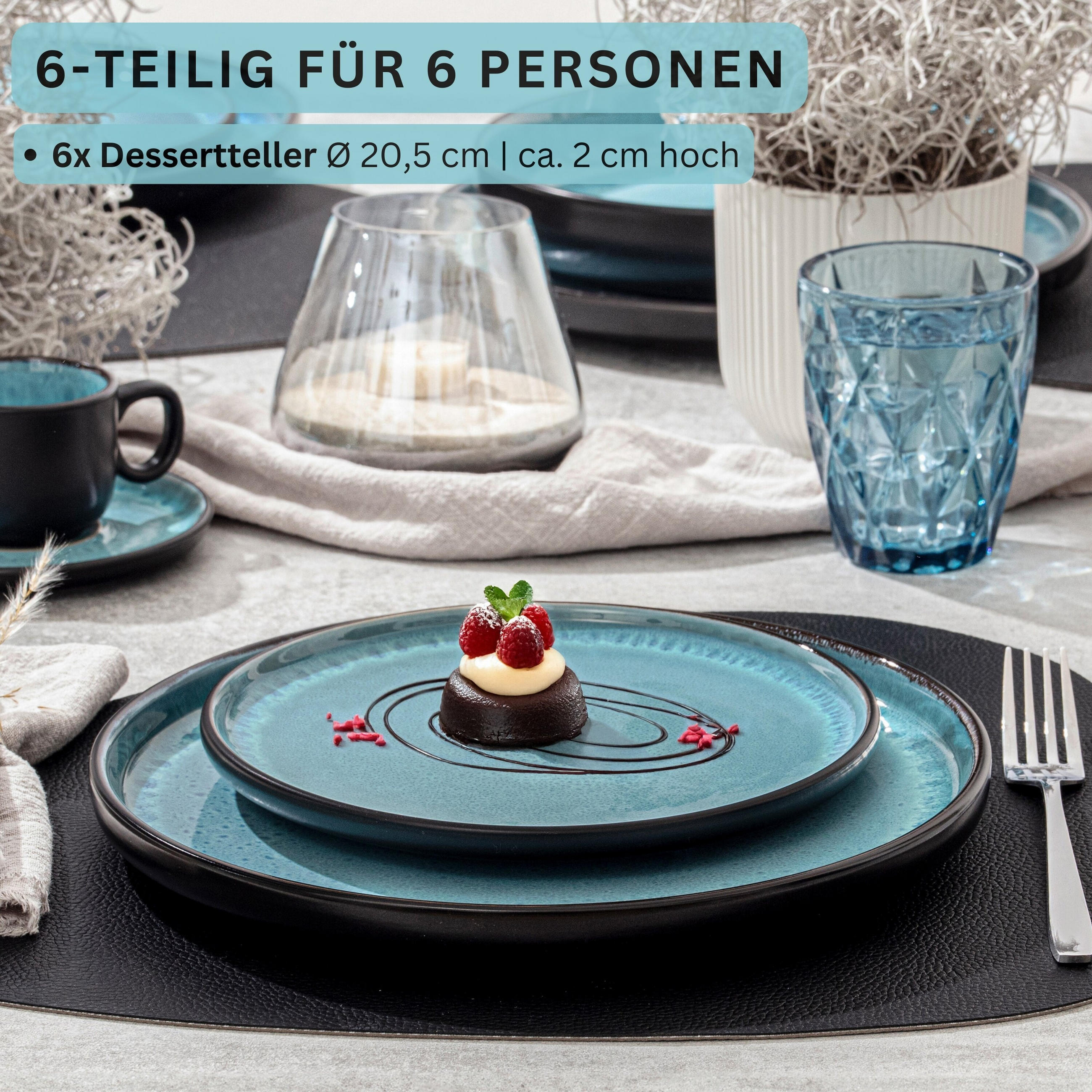 DESSERTTELLER SET GRANADA - 6 teilig aus Steingut - Blau, Stein (20.5cm) - Sänger