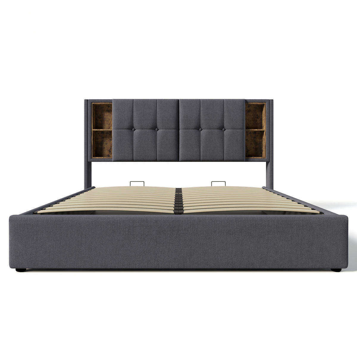 POLSTERBETT aus Baumwolle 160/200 cm mit kabellosem Laden, USB-C, Matratze, Bettkasten und Federkernmatratze, Grau - Grau, Textil (160/200cm) - Redom