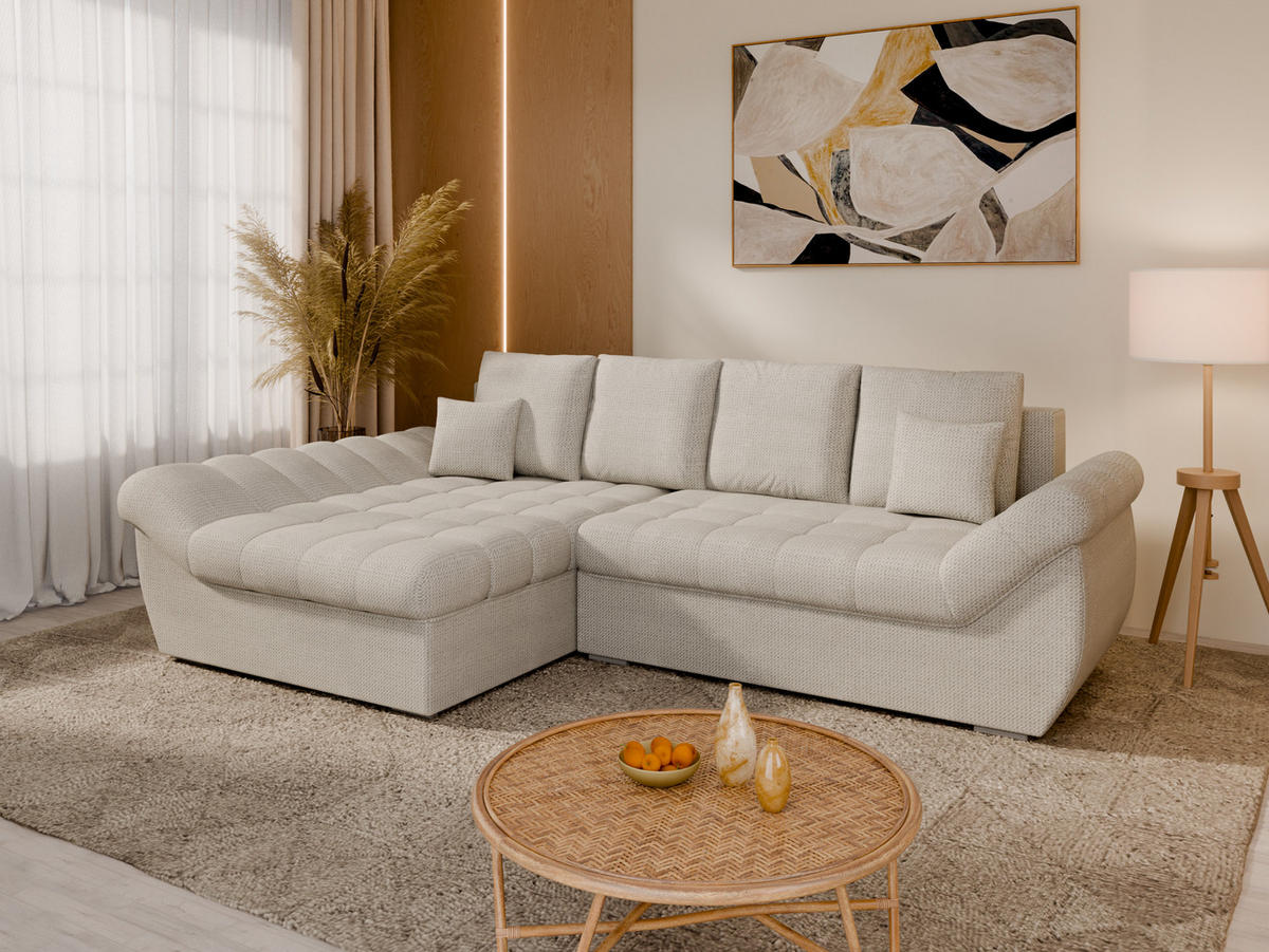 ECKSOFA ZAYA mit Schlaffunktion L-Form, Sofa mit Bettkasten, Wohnzimmersofa, Couch, Soffa, Bettsofa, LINKS- Creme - Creme, Holz (279/175cm) - Homesy