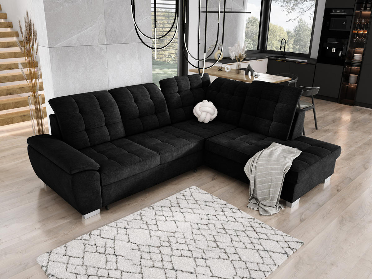 ECKSOFA LOTTA L-förmig Bettkasten verstellbare Kopfstützen hochwertige Verarbeitung lose Rückenkissen freistehend RECHTS 258x212x106 cm Black - Schwarz, Holz/Textil (258/212cm) - DomoHome