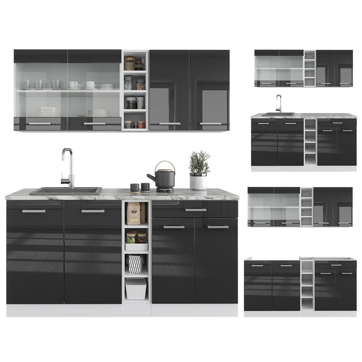 SINGLEKÜCHE R-Line Anthrazit Hochglanz/Weiß 160 cm, AP Anthrazit - Anthrazit/Weiß, Holzwerkstoff (160/81.6/60cm) - Vicco
