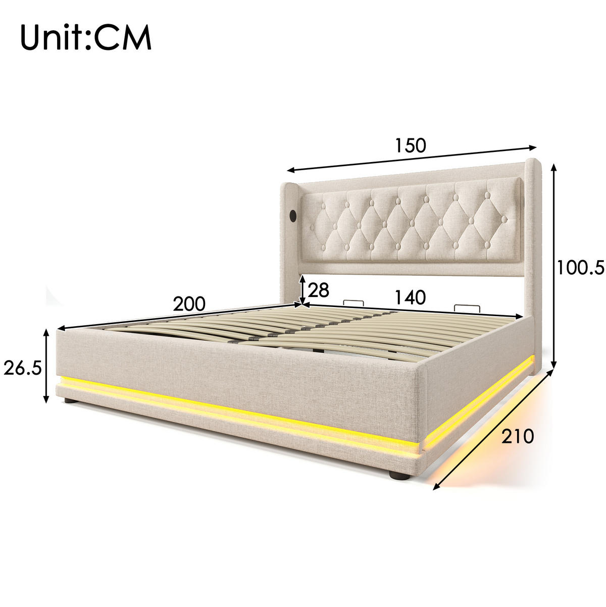 BETT mit Stauraum, LED und USB 140x200 cm Beige Baumwolle - Beige, Metall (140/200cm) - Meubliv