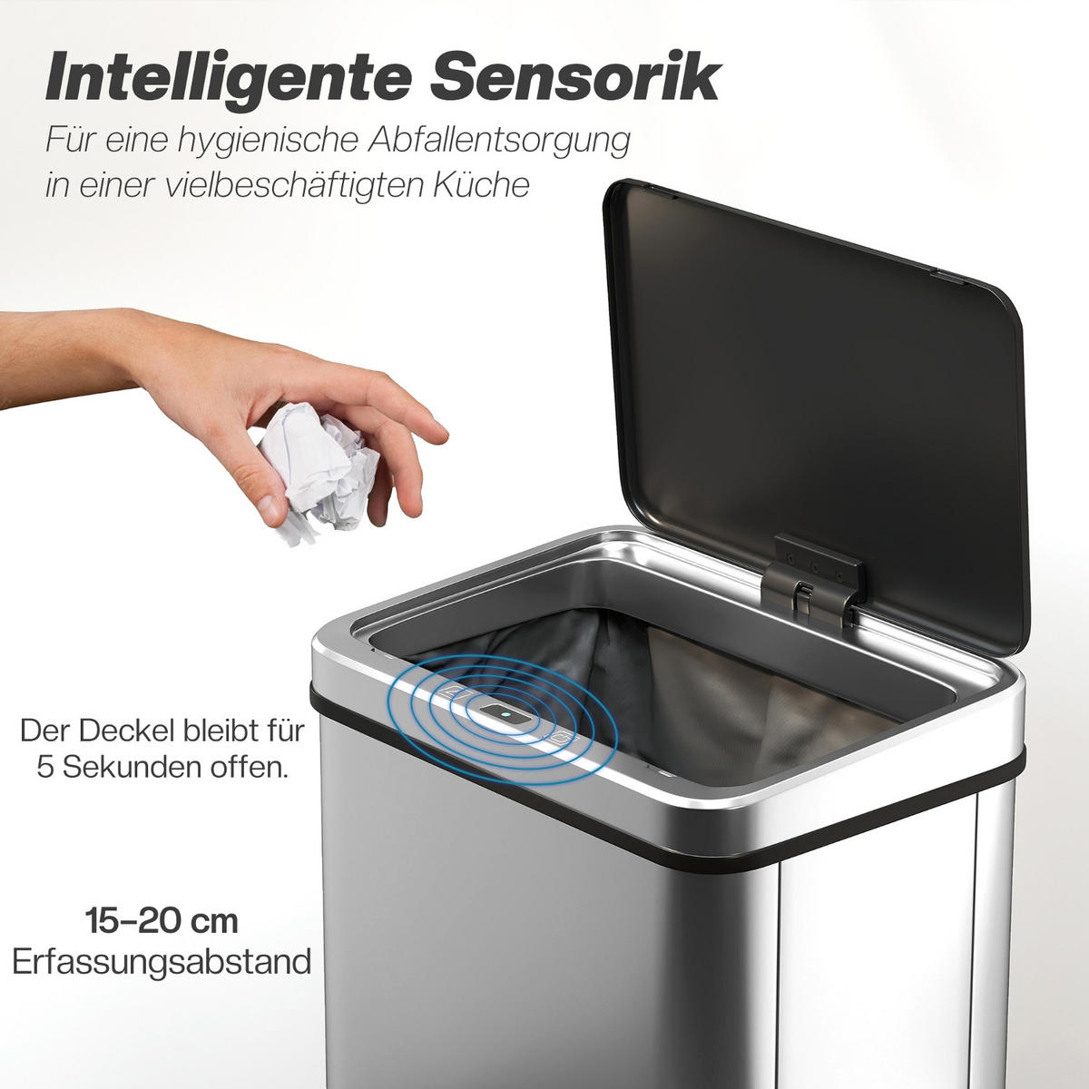 MÜLLEIMER 50L 35,5/67/26 cm Edelstahl Silber Automatik - Silberfarben, Metall (26/67/35.5cm) - Rolipo