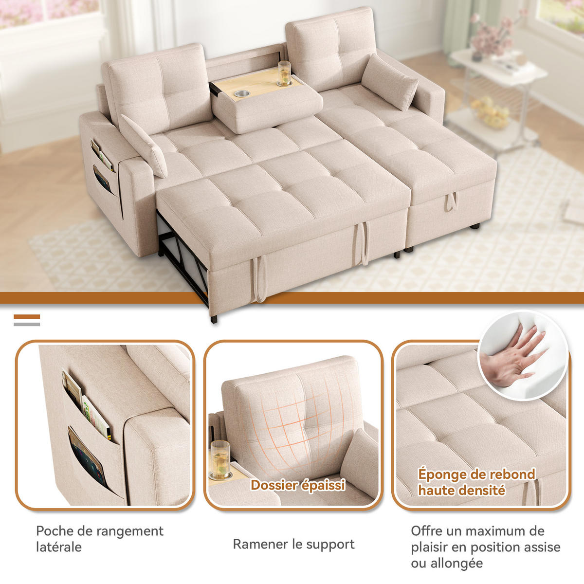 SCHLAFSOFA L-Form mit Stauraum und Getränkehalter - Beige, Textil (211/87/136cm)