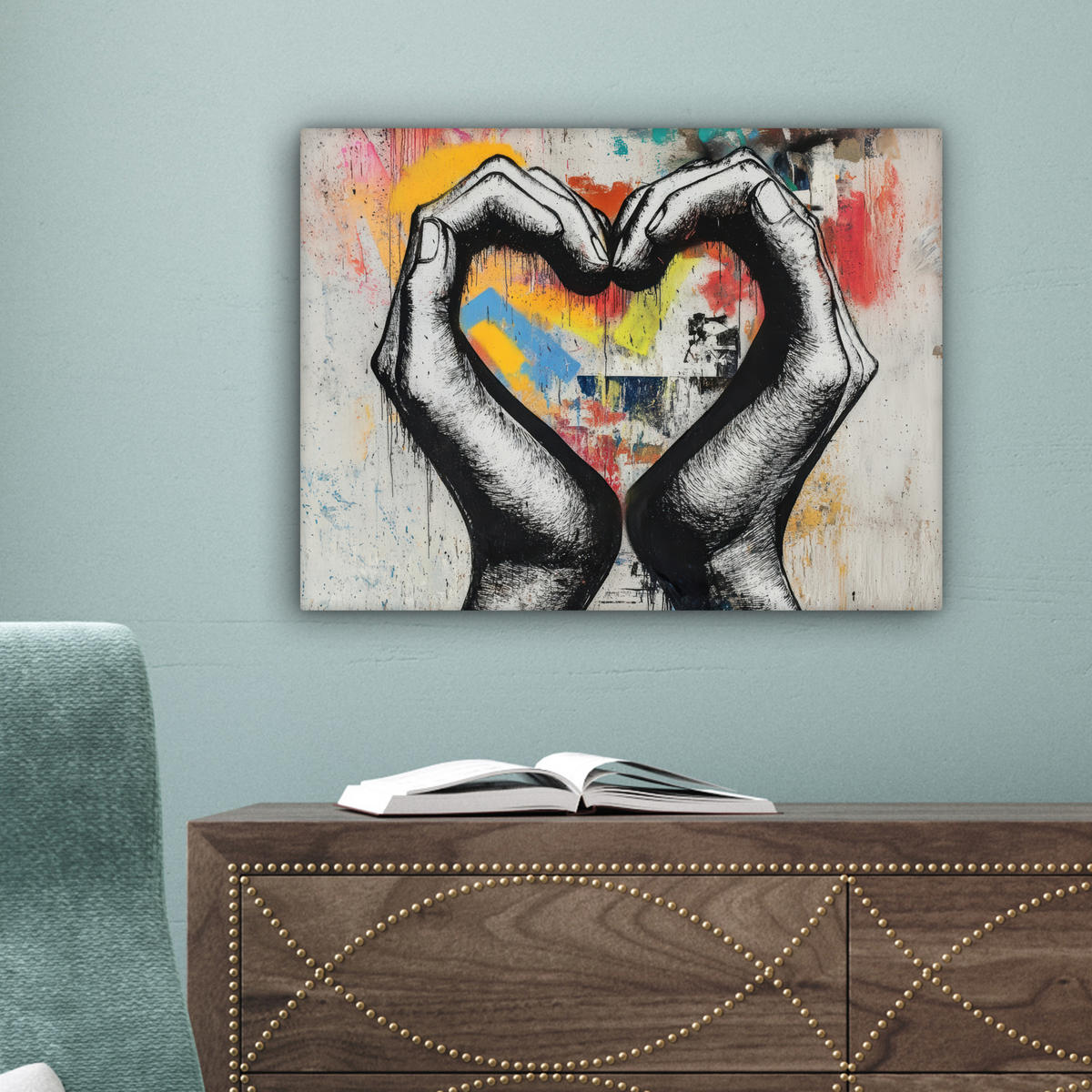 OBRAZ NA PLÁTNE Ruky - Srdce - Street art - Graffiti 40x30 cm - viacfarebná, textil (40/30cm) - MuchoWow