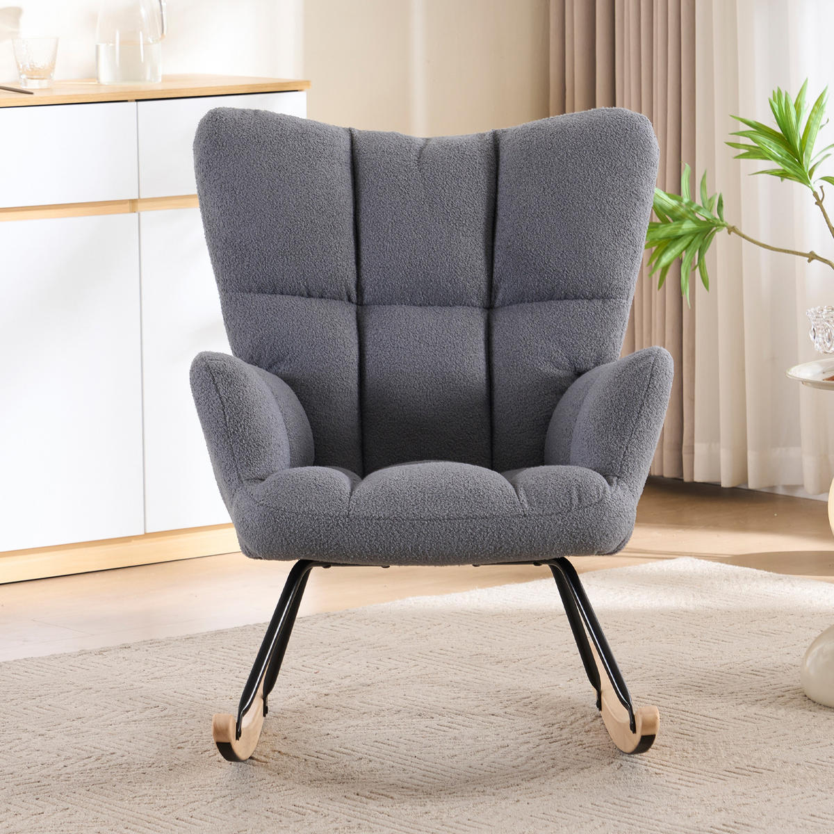 SCHAUKELSTUHL 73/92/94 cm Grau mit Massivholzrahmen für Wohnzimmer Schlafzimmer Balkon - Grau, Textil (92/94/73cm) - OKWISH