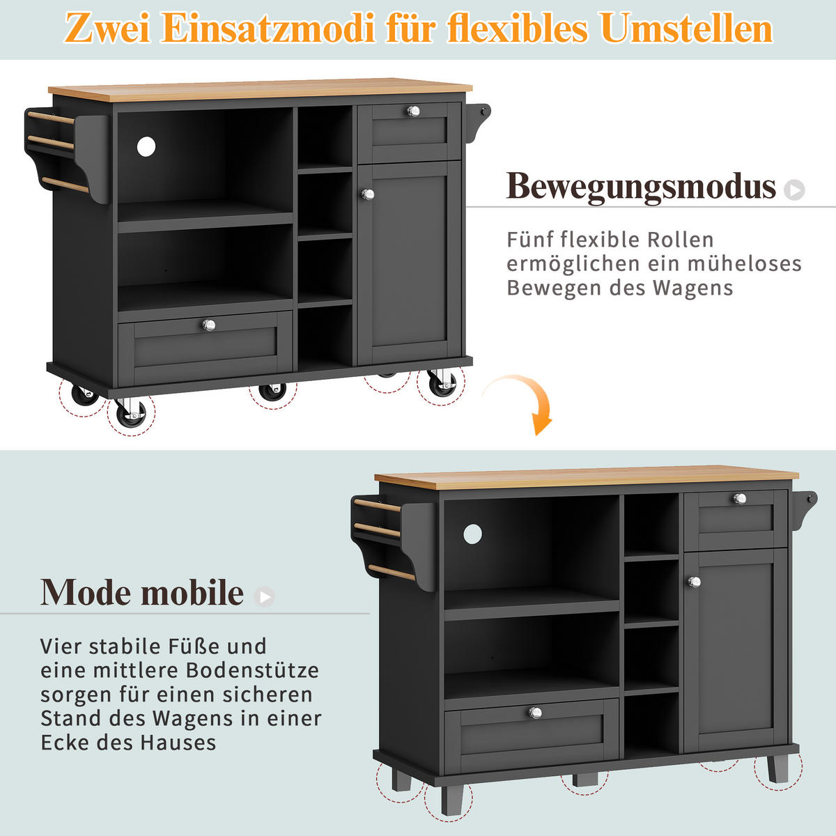 KÜCHENWAGEN mit Stauraum und Rollen Schwarz - Schwarz, Holzwerkstoff (46/92/129cm) - Urban Meuble