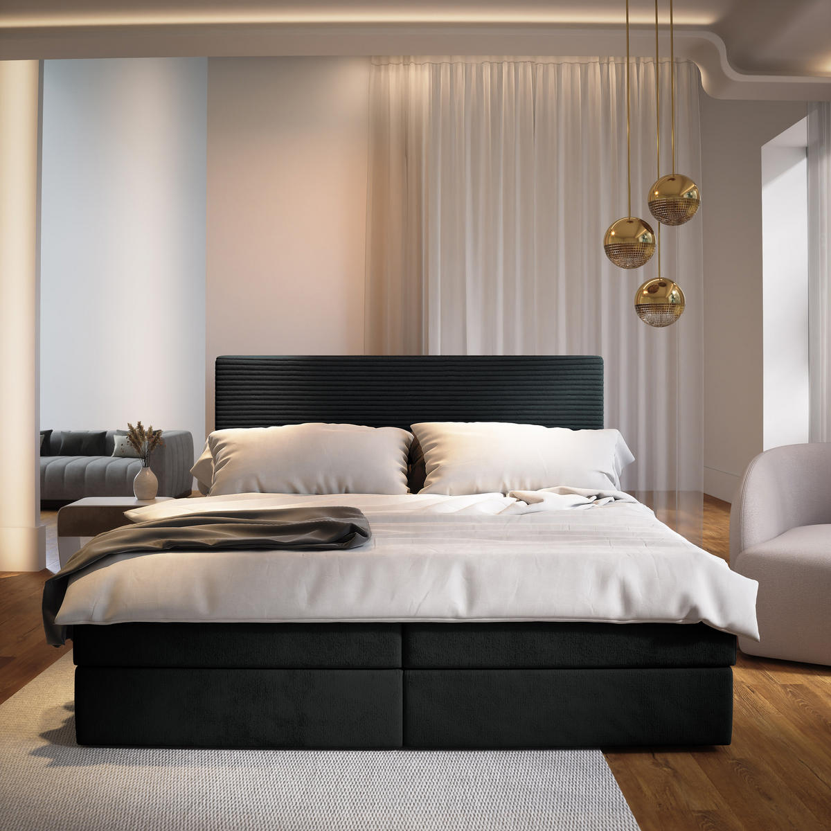 BOXBETT GIARRO 180x200 cm mit Matratze und Topper - Schwarz - Schwarz, Holz (180/200cm) - MASSENO