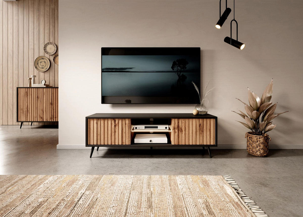 TV-LOWBOARD Bello Schwarz / Eiche 135/43/32 cm - Schwarz, Holzwerkstoff/Metall (135/43/31.6cm) - Selsey