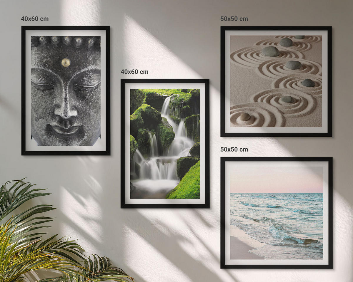BILDER SET 4er Set - 50x50 cm & 40x60 cm Schwarzer Rahmen - Der Frieden der Natur mit Buddha - Schwarz, Kunststoff (50/50cm) - TULUP
