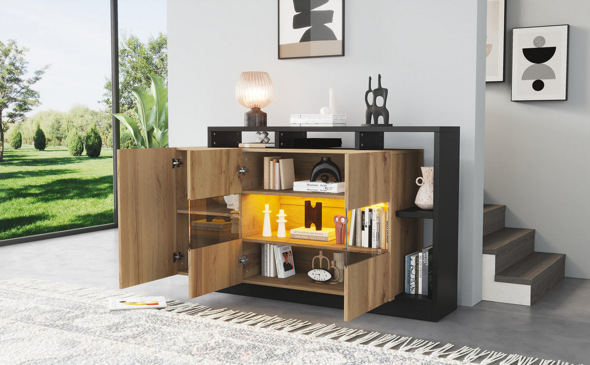 SIDEBOARD mit RGB-LED und Bluetooth, Holzoptik MDF, matte Oberfläche und schwarzem Metallrahmen, 140/44/93,5 cm,Naturfarben - Naturfarben, Holzwerkstoff (140/93.5/44cm) - Redom