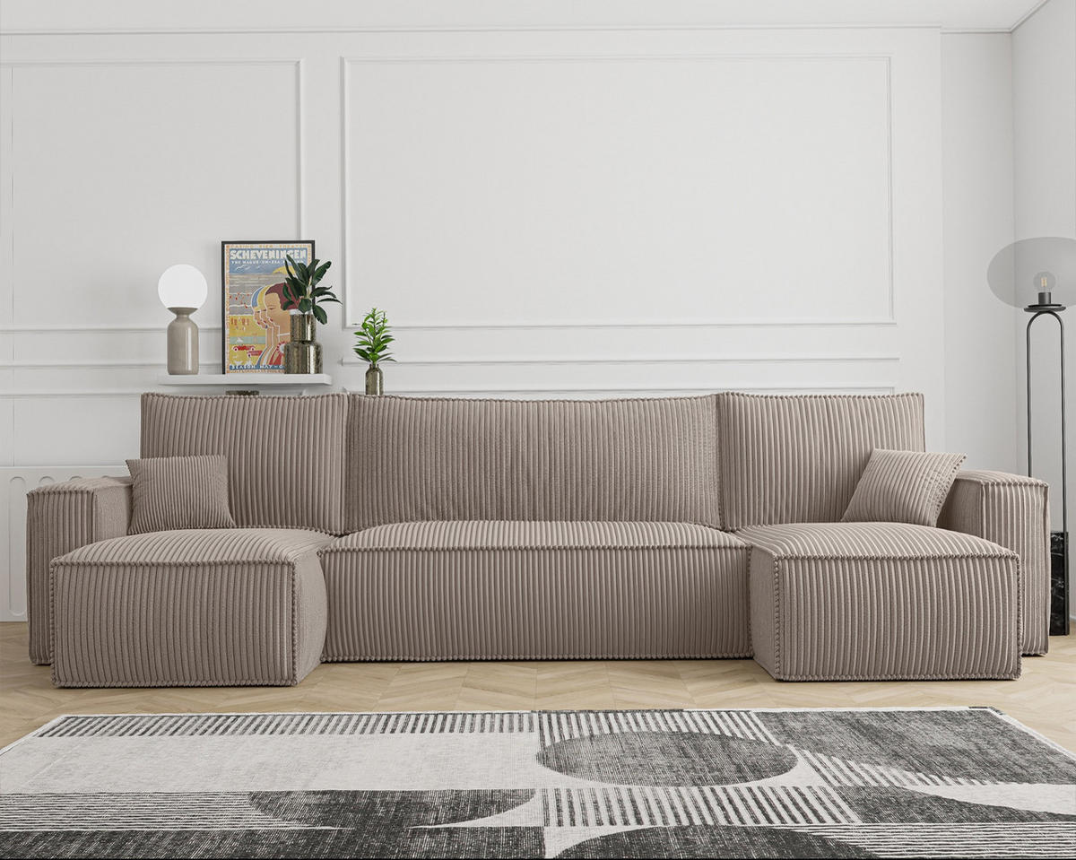 WOHNLANDSCHAFT Scarlo Beige Cordbezug - Beige/Schwarz, Kunststoff/Textil (244/83/145cm) - Selsey