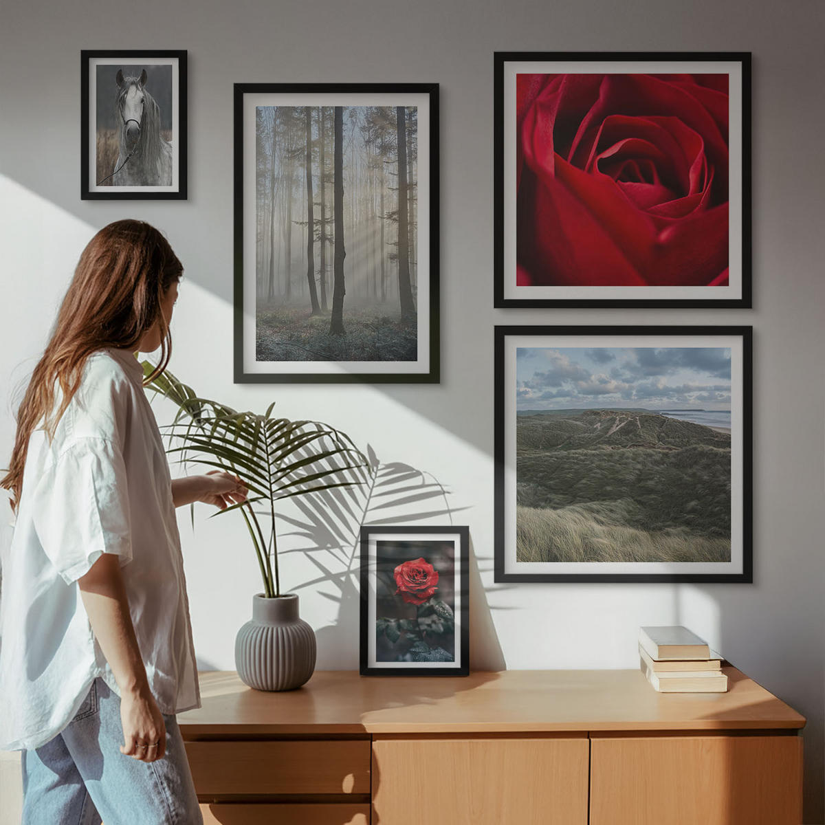 WANDBILDER 5er-Set - 50x50 cm & 20x30 cm & 40x60 cm Schwarzer Rahmen - Rote Rosen auf pferdegrauem Hintergrund - Schwarz, Kunststoff (40/60cm) - ArtPrintCave