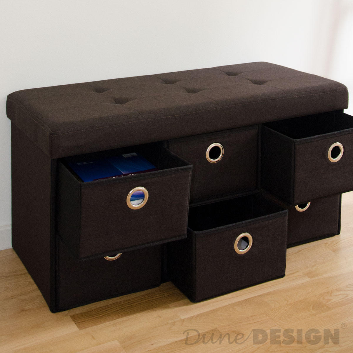 SITZBANK Faltbar, 76/38/38 cm, mit 6 Schubladen, 80 Liter, Dunkelbraun - Braun, Textil (38/38/76cm) - Dunedesign