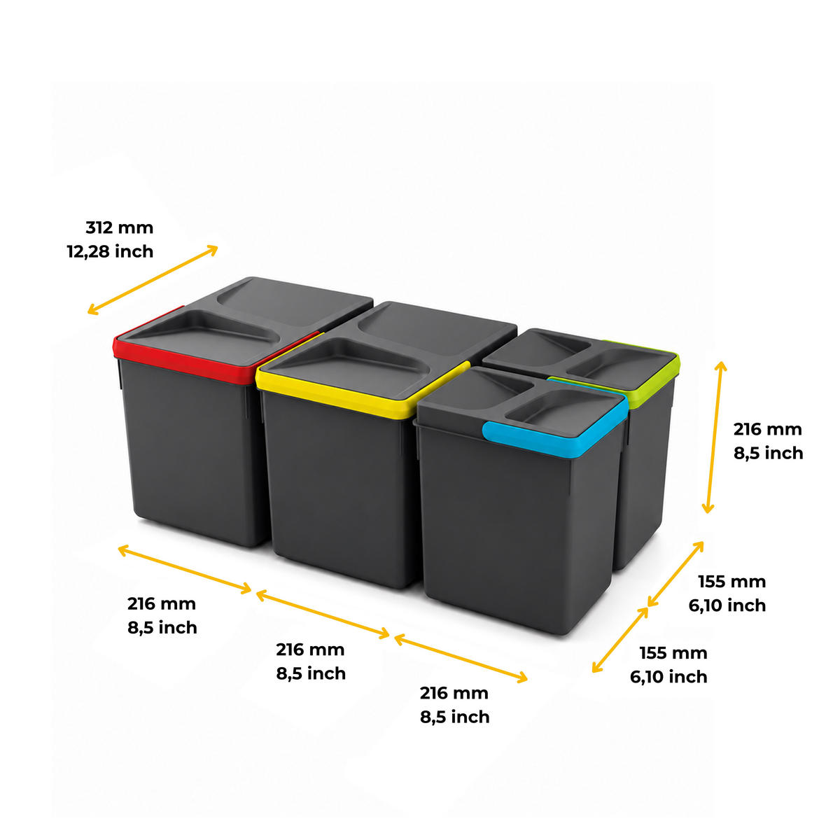 RECYCLINGBEHÄLTER für Küchenschublade, Höhe 216mm, 2x12l, 2x6l, Kunststoff anthrazitgrau 4er-set - Anthrazit, Kunststoff (21.6/21.6/31.2cm) - EMUCA