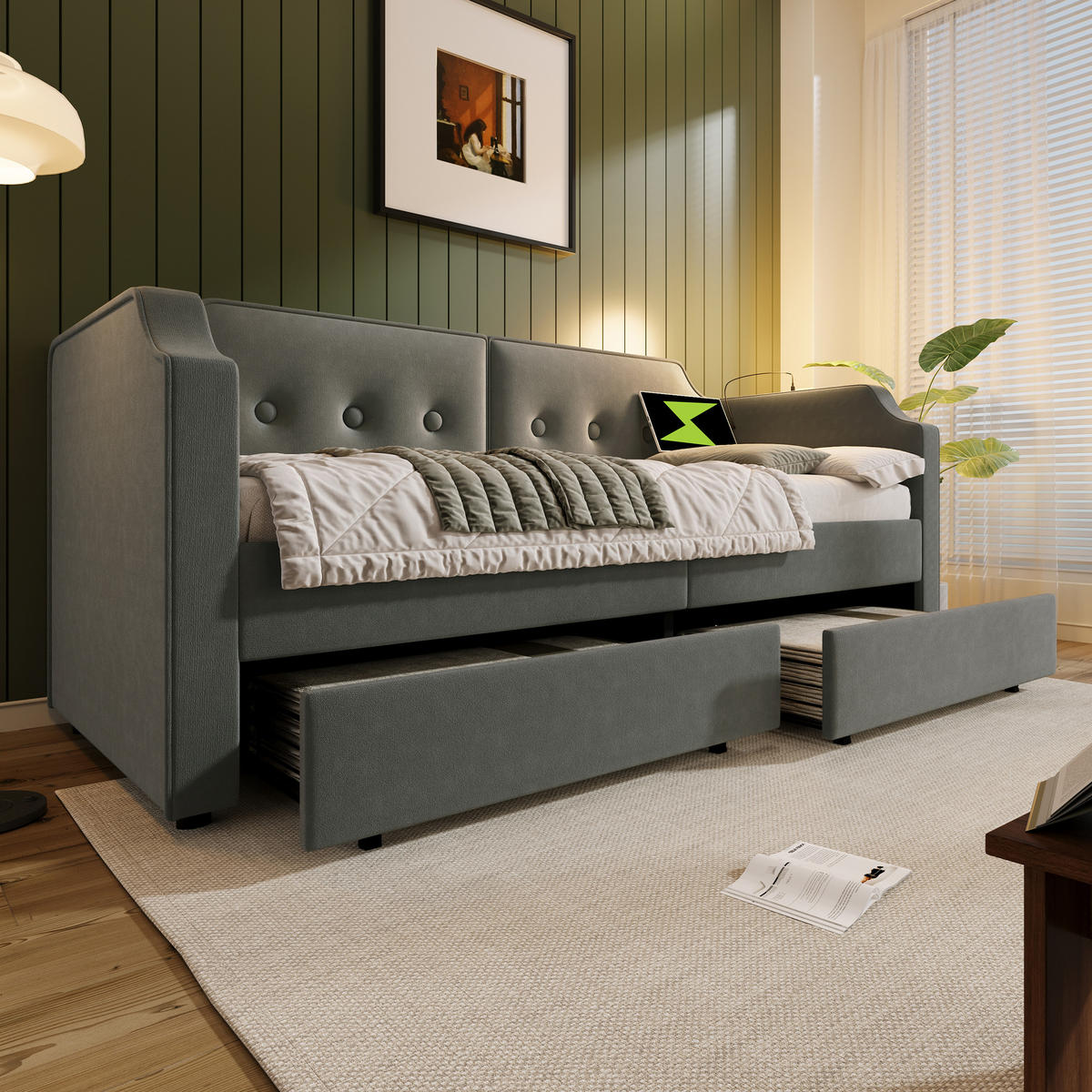 POLSTERBETT 90/200 cm Grau mit USB-Type-C und Leselicht, Tagesbett mit 2 Stauraumschubladen - Grau, Textil (90/200cm) - OKWISH