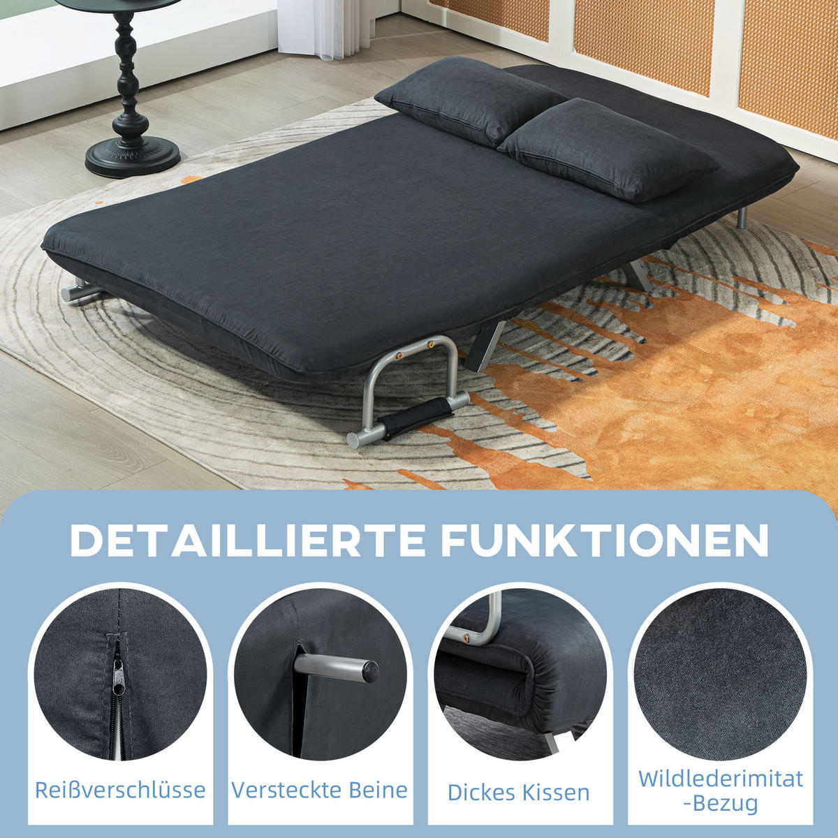 2-SITZER Sofa mit Schlaffunktion, Schlafsofa mit Verstellbarer Rückenlehne - Schwarz, Kunststoff (80/78/111cm) - HOMCOM