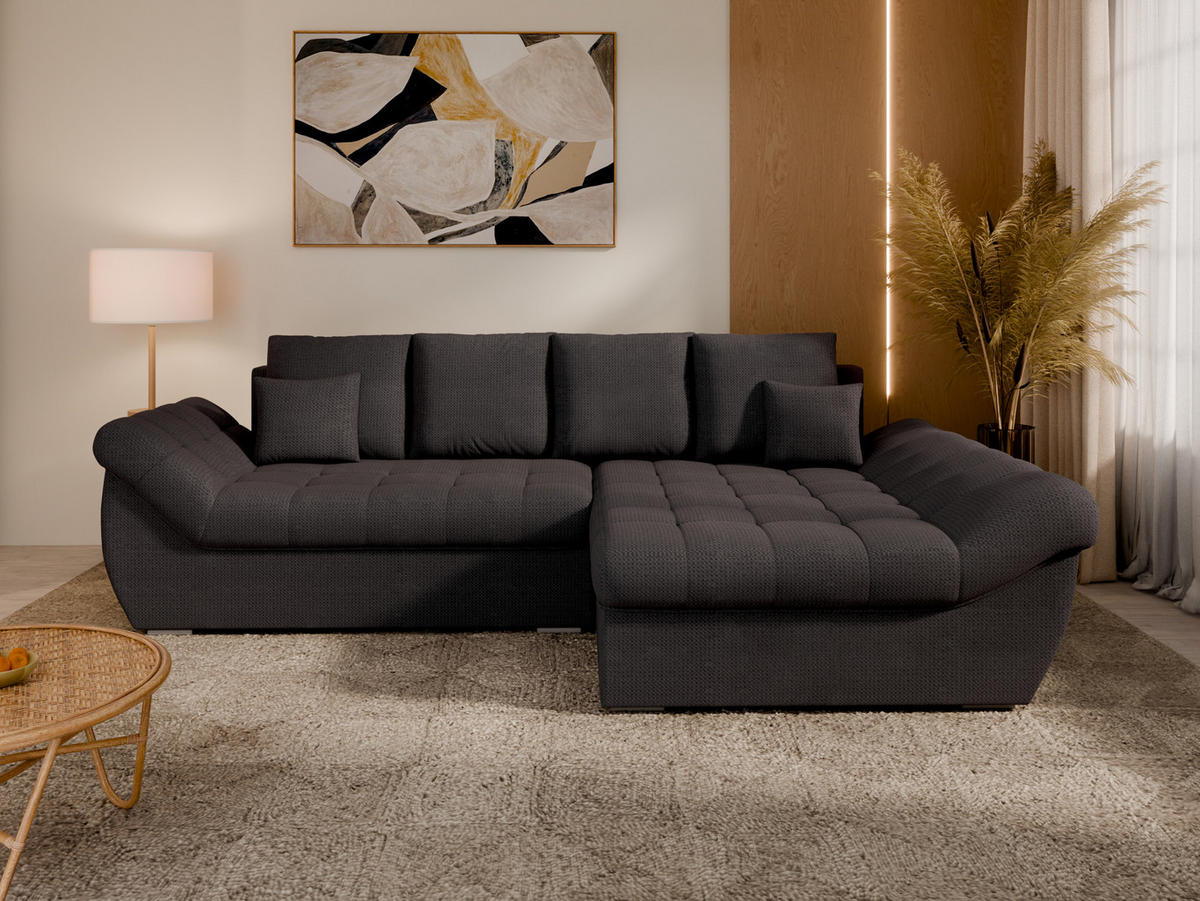 ECKSOFA ZAYA mit Schlaffunktion L-Form, Sofa mit Bettkasten, Wohnzimmersofa, Couch, Soffa, Bettsofa, RECHTS- Anthracite - Anthrazit, Holz (279/175cm) - Homesy