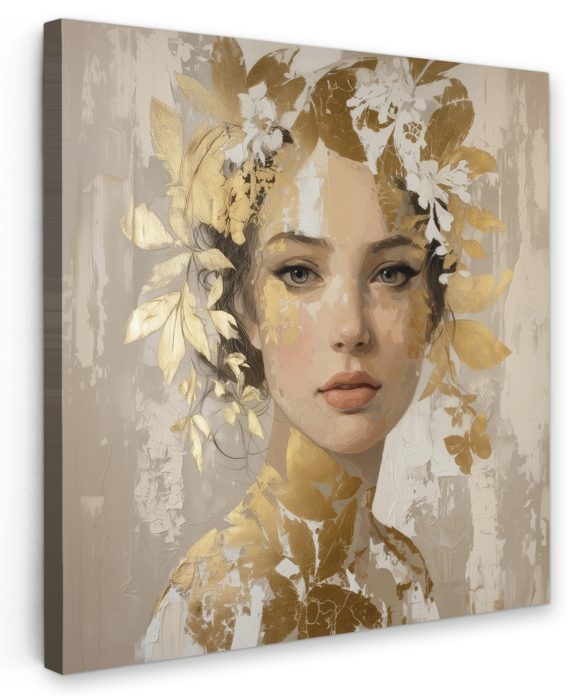 LEINWANDBILD Gesicht - Frau - Blätter - Gold Deko Groß 90x90 cm - Beige, Textil (90/90cm) - MuchoWow