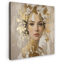 LEINWANDBILD Gesicht - Frau - Blätter - Gold Deko Groß 90x90 cm - Beige, Textil (90/90cm) - MuchoWow