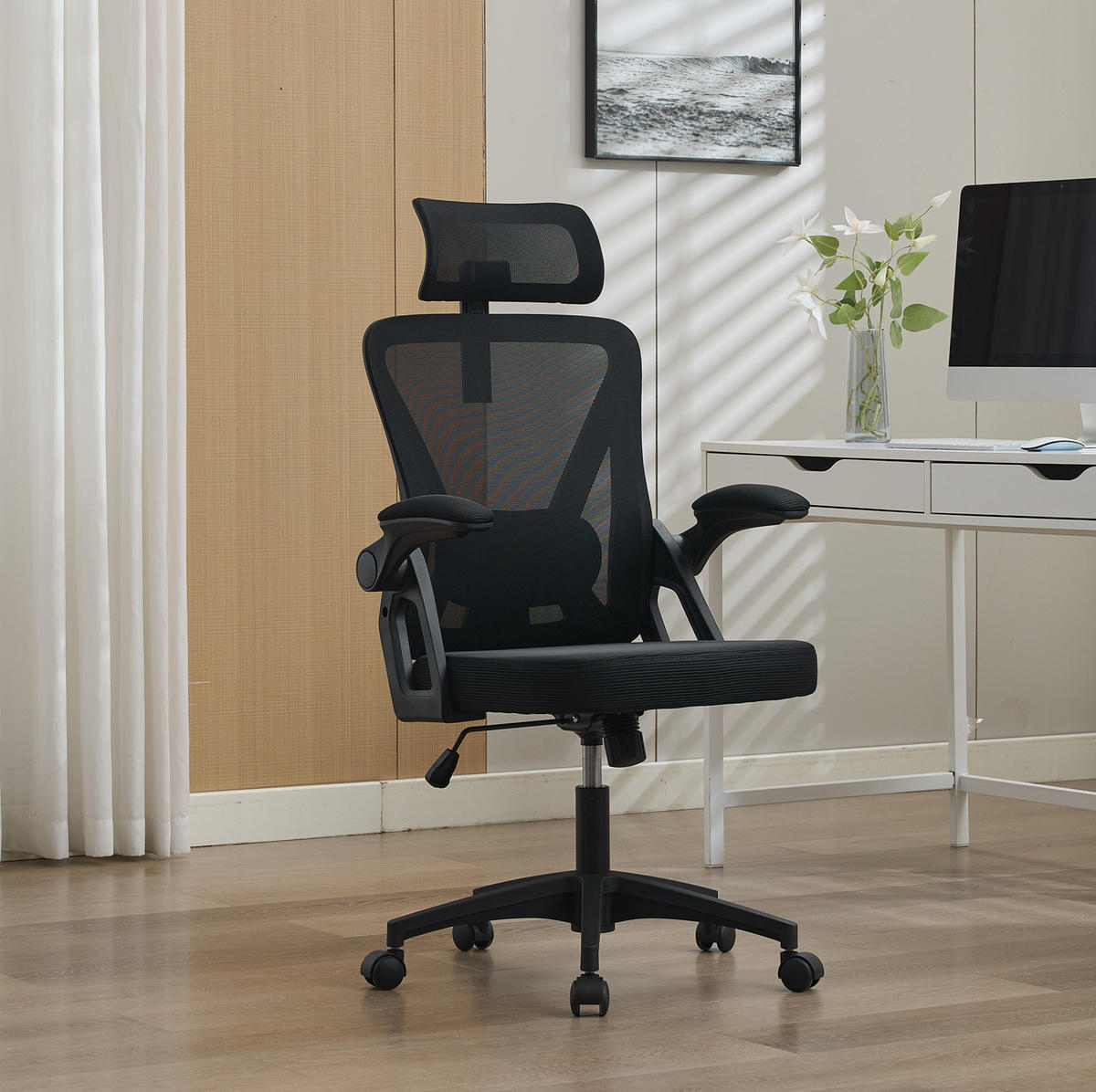 BÜROSTUHL ergonomisch mit Kopfstütze und Klapparmlehnen Schwarz - Schwarz, Kunststoff (65/108/58cm) - Meubliv