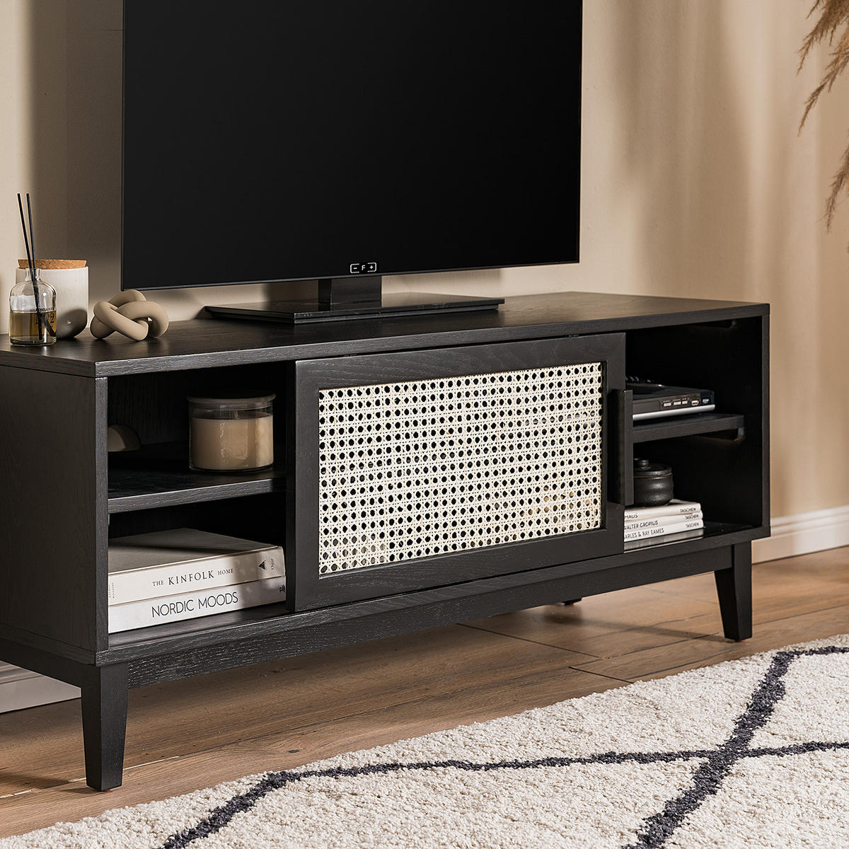 TV-LOWBOARD mit 1 Tür - Natur / Eiche Schwarz - Wiener Geflecht / Echtholzfurnier - Eichefarben/Schwarz, Eichenholz/Naturmaterialen (120/50/40cm) - home24