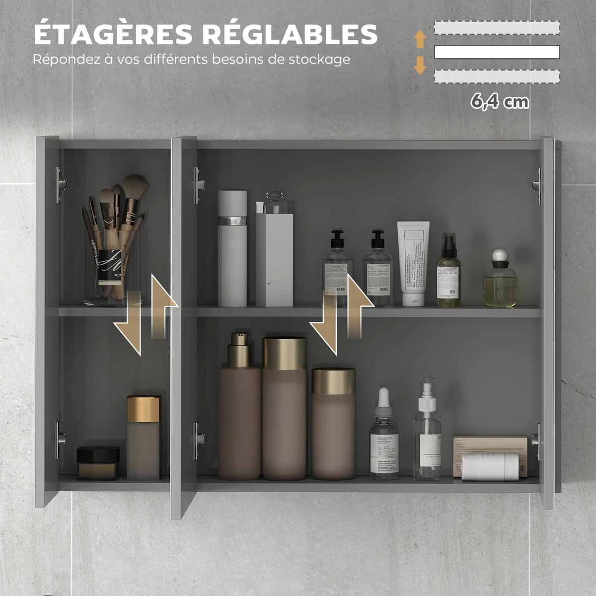SPIEGELSCHRANK mit 3 Spiegeltüren und verstellbaren Einlegeböden , 90 x 15 x 60 cm - Grau, Glas (90/60/15cm) - Vallsero