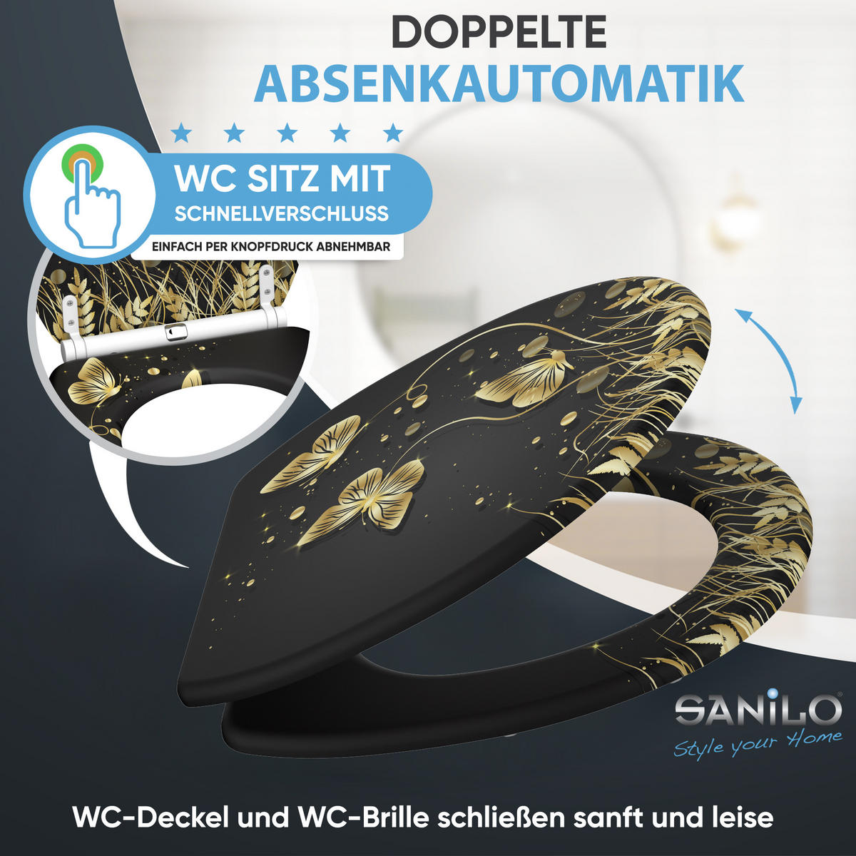 WC-SITZ mit Absenkautomatik & Top Fix Silhouette - Schwarz, Holzwerkstoff (37.7/5.5/48cm) - Sanilo