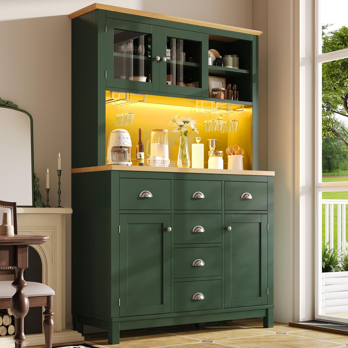 HIGHBOARD in Grün Küchenschrank mit LED-Lichtleiste und Schubladen für Küche und Wohnzimmer, B104/T40/H180 cm - Grün, Glas/Holzwerkstoff (104/180/40cm) - STILVORA