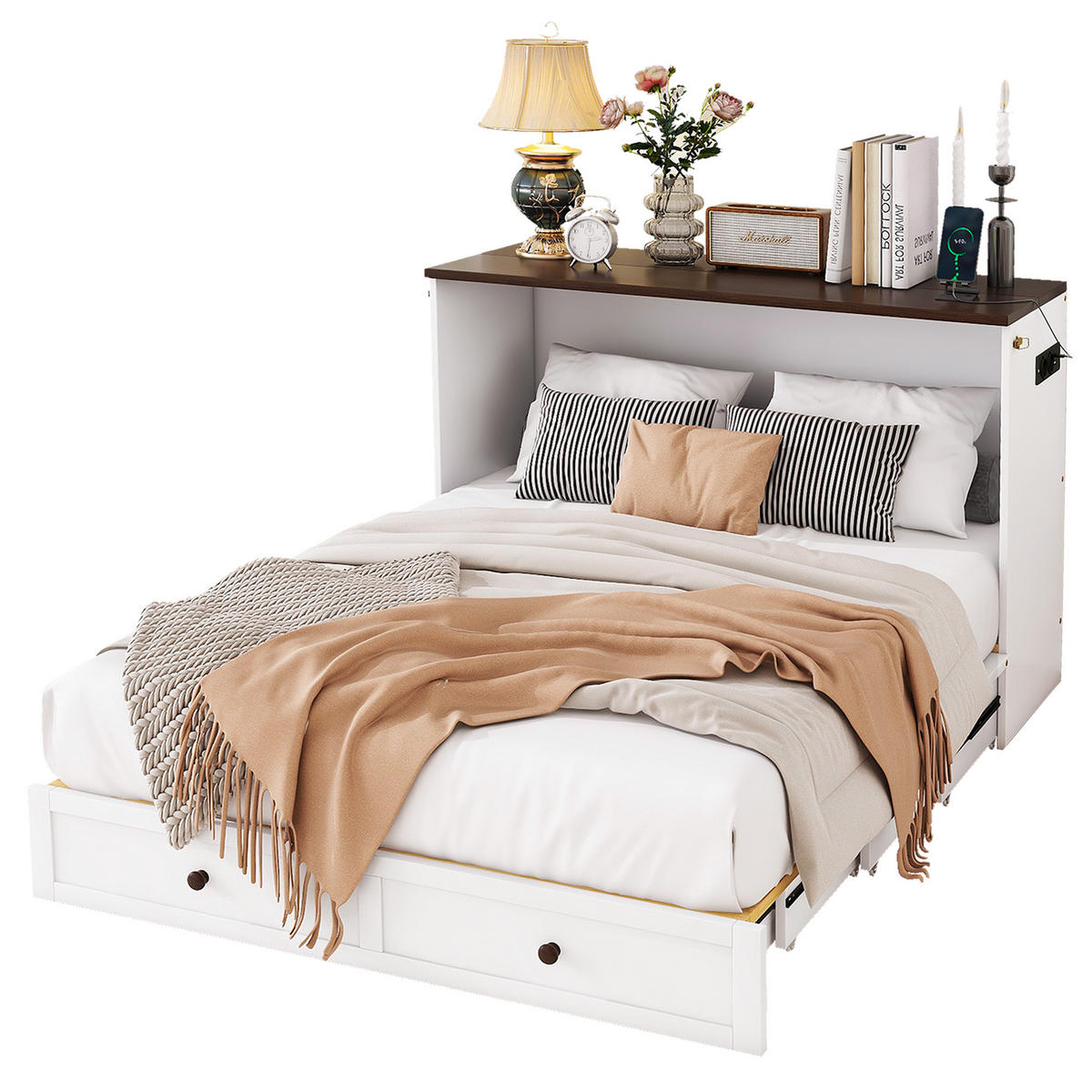 SCHRANKBETT 140x200cm Weiß mit Schubladen und Regal USB Steckdose - Weiß, Holz (140/200cm) - FLIEKS