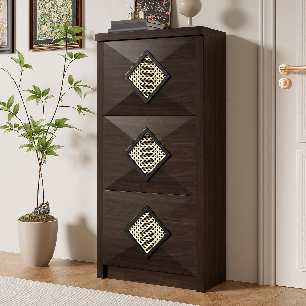 SCHUHSCHRANK 54/25/115 cm in Holzoptik mit 3 Klappfächern und Rattan-Dekor - Naturfarben, Holzwerkstoff (54/115/25cm) - Flora Grace