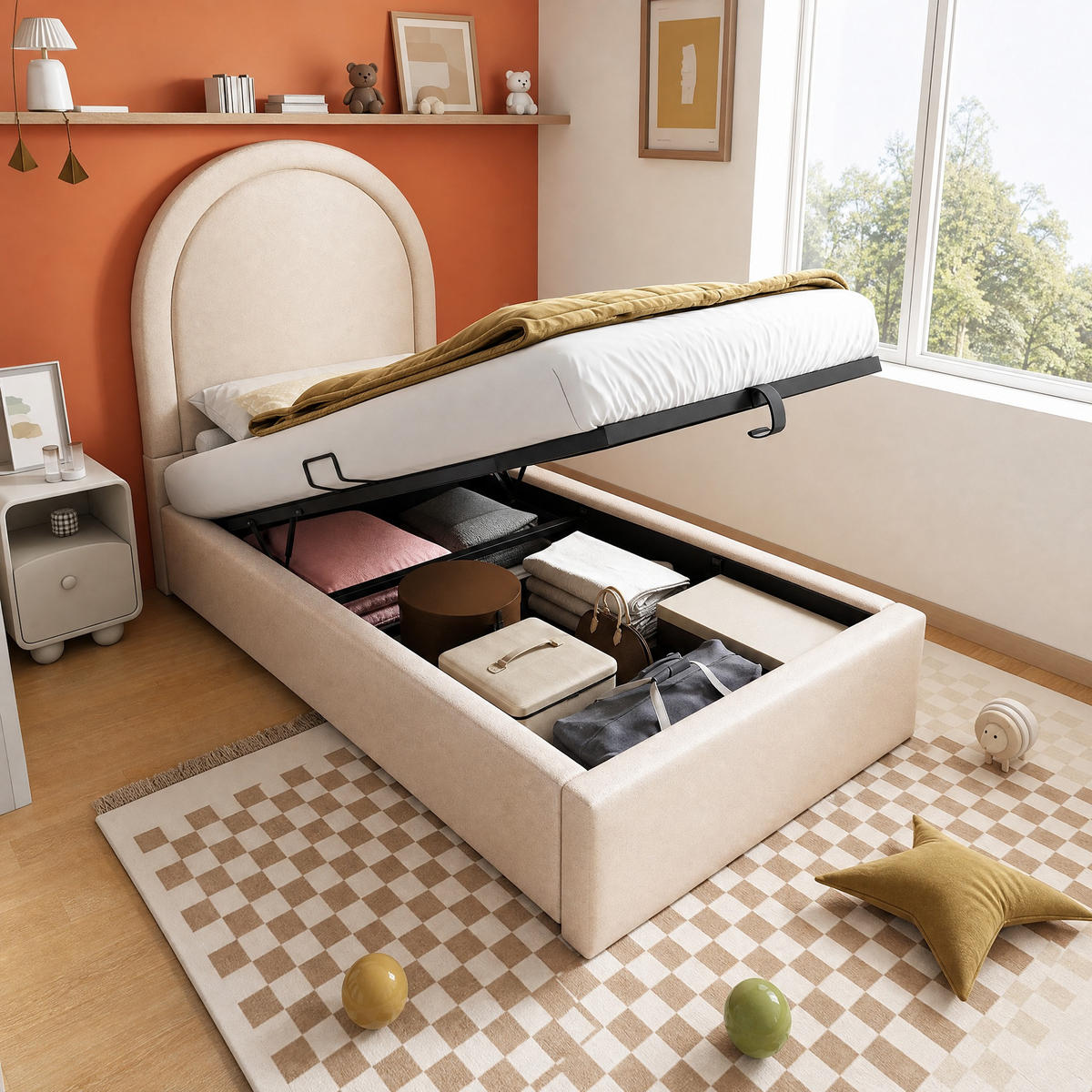 POLSTERBETT 90/190 mit Bettkasten für Jungen & Mädchen in Beige - Beige, Holzwerkstoff/Textil (90/190cm) - EVRYAE