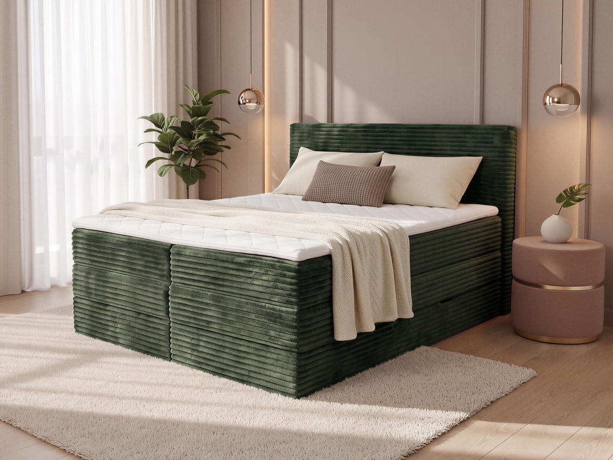BOXSPRINGBETT Mollo Max - 140x200 - grün (Tilia 39, Cord) - Schwarz/Grün, Holz/Holzwerkstoff (140/200cm) - Sofnet