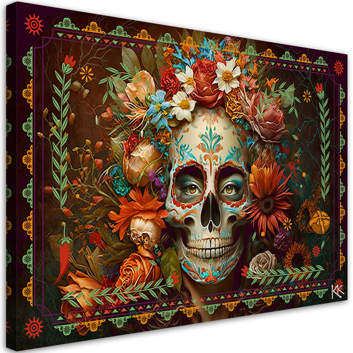 WANDBILD bunter totenkopf mit blumen - Multicolor, Textil (60/40cm) - Feeby