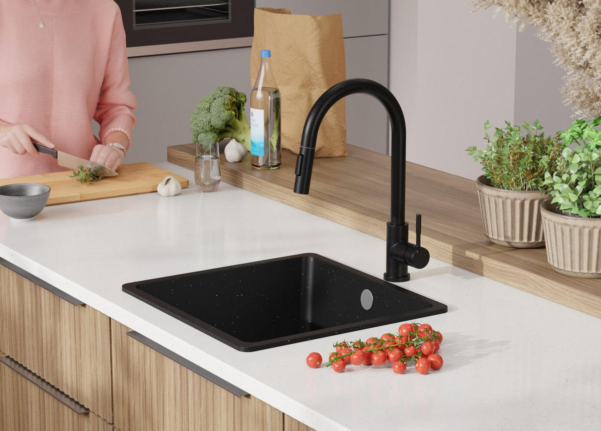 SPÜLBECKEN Venedig Slim Easy, 2-er set Schwarz Metallic 46/44 cm 1 Becken + Ablauf-Set ab 50er Unterschrank - Chromfarben/Schwarz Hochglanz, Kunststoff (46/20/44cm) - Primagran