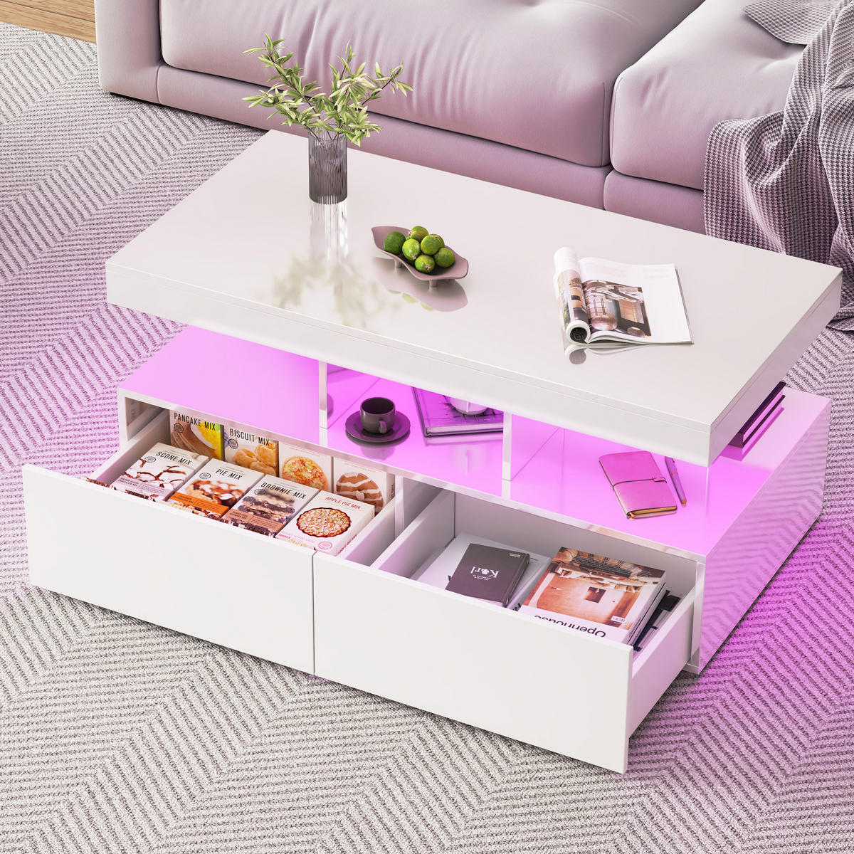 COUCHTISCH 104 x 53 x 46 cm, Wohnzimmertisch mit LED-Beleuchtung und Schubladen, Hochglanz Weiß - Weiß, Metall (104/53/46cm) - PARAFTA HOME