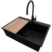 GRANITSPÜLE Oslo, 2-er set Alles Schwarz 68/50 cm 1 Becken + Küchenarmatur 40/38 cm + Ablauf-Set + Schneidebrett ab 70er Unterschrank - Beige/Schwarz, Kunststoff (68/20/50cm) - Primagran