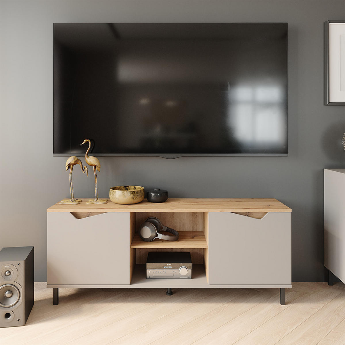 LOWBOARD Marelle Greige/Artisan 150 x 60 cm mit 2 Türen - Greige/Hellgrau, Holzwerkstoff (150/60/38cm) - Vicco