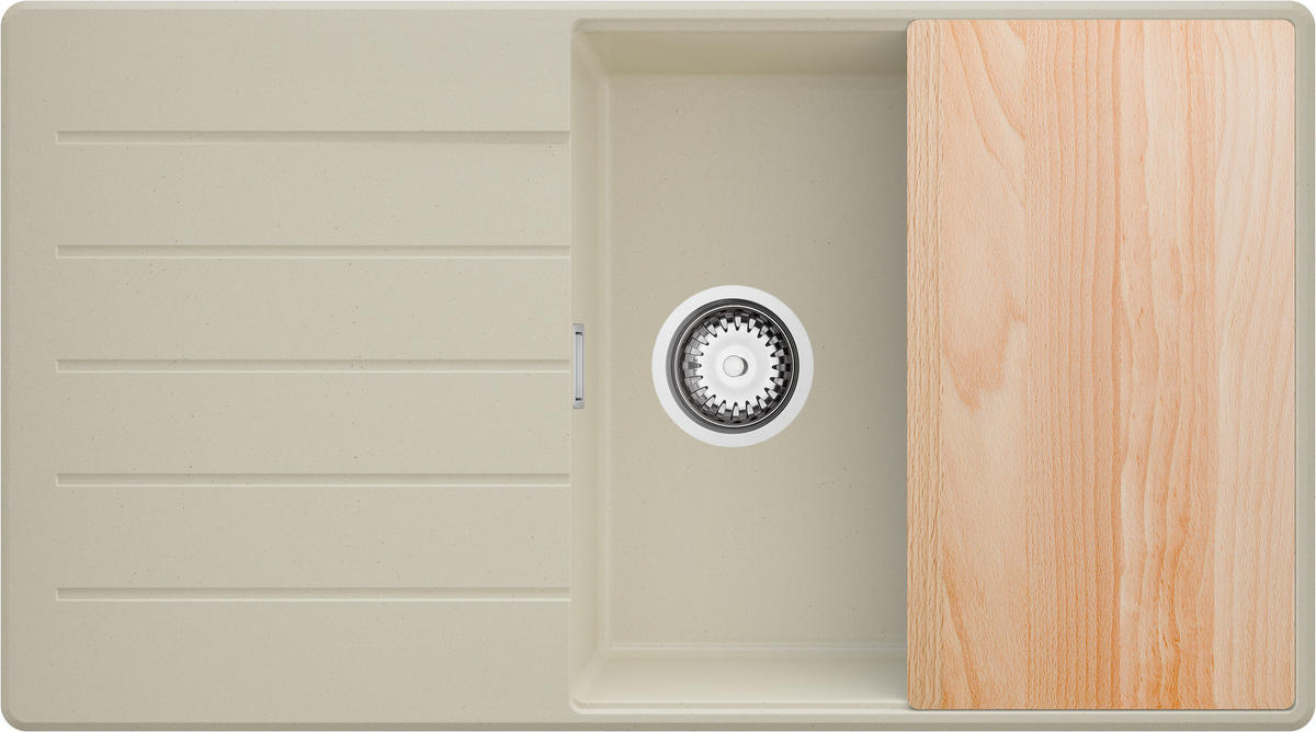 SPÜLBECKEN Kopenhagen, 2-er set Beige 90/50 cm 1 Becken + Ablauf-Set + Schneidebrett ab 60er Unterschrank - Chromfarben/Beige, Kunststoff (90/20/50cm) - Primagran