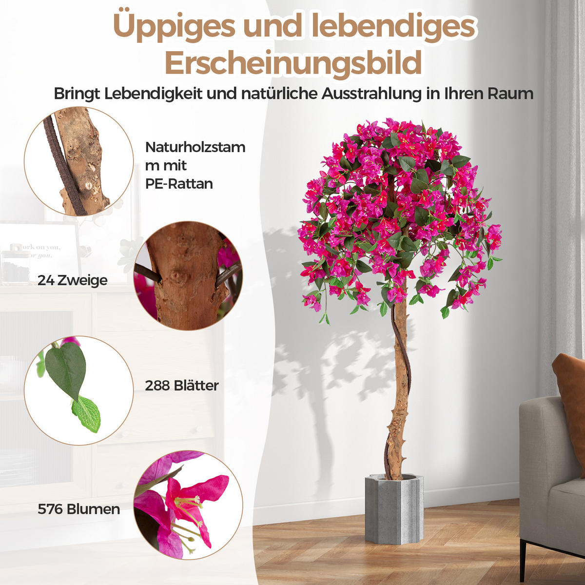 AZALEENBAUM Künstlicher 135 cm rot - Grün, Kunststoff (135cm) - COSTWAY