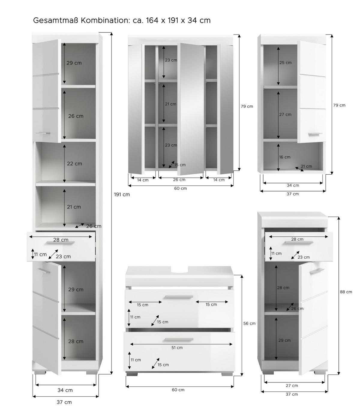 BADMÖBEL-SET weiß Hochglanz 5-teilig 164 cm, Komplettset mit viel Stauraum - Weiß Hochglanz, Glas/Holzwerkstoff (164/191/37cm) - Inn.Furn