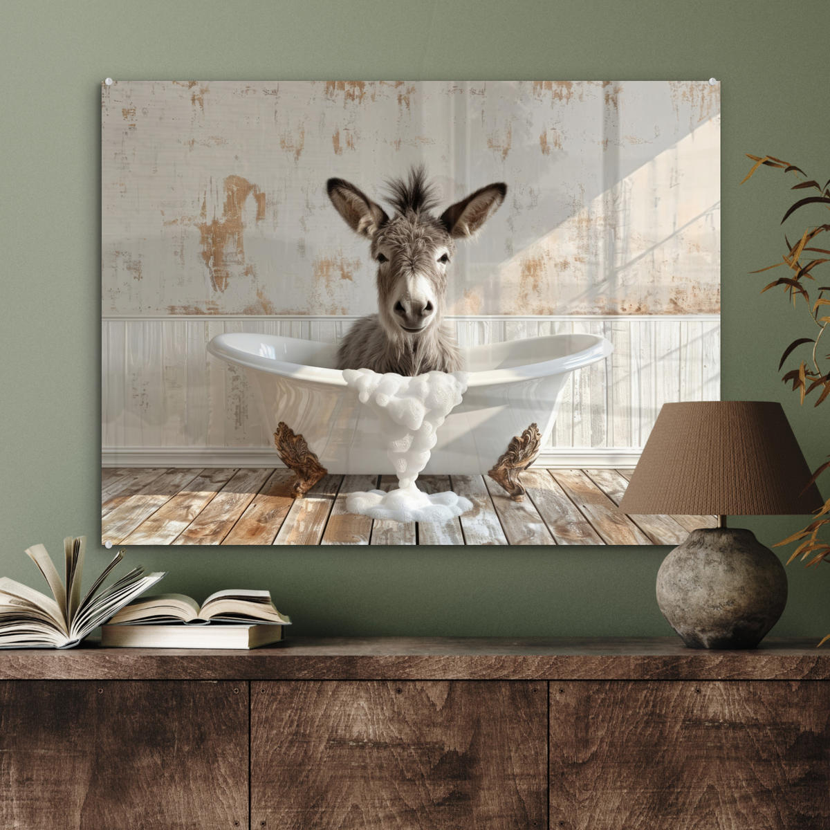 ACRYLGLASBILD Esel - Tiere - Badewanne - Schaumstoff 80x60 cm - Weiß, Glas (80/60cm) - MuchoWow