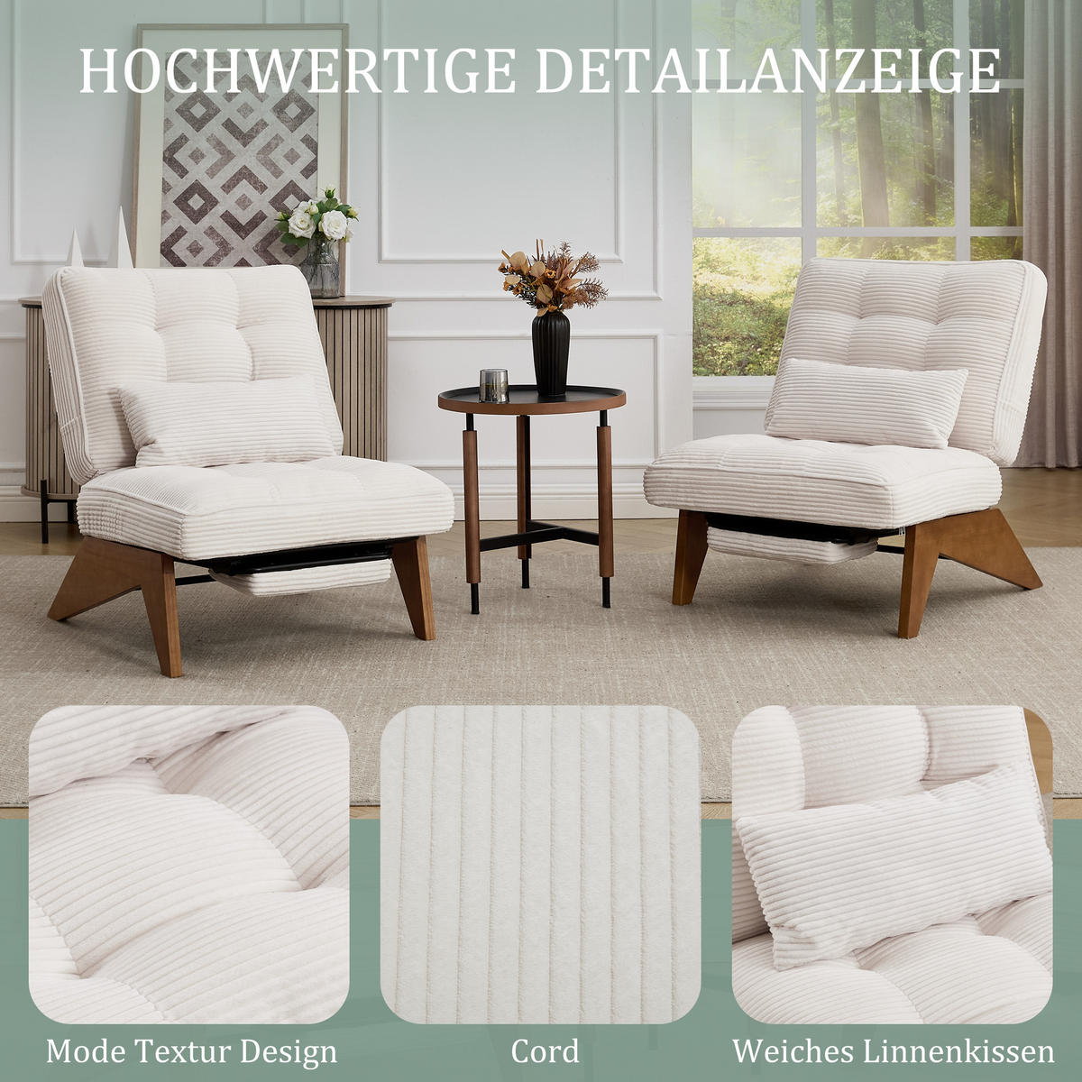 SCHAUKELSTUHL Beige Cord mit Fußstütze, Lendenkissen und Holzbeinen - Beige, Textil (73/90/127cm) - Oxeza