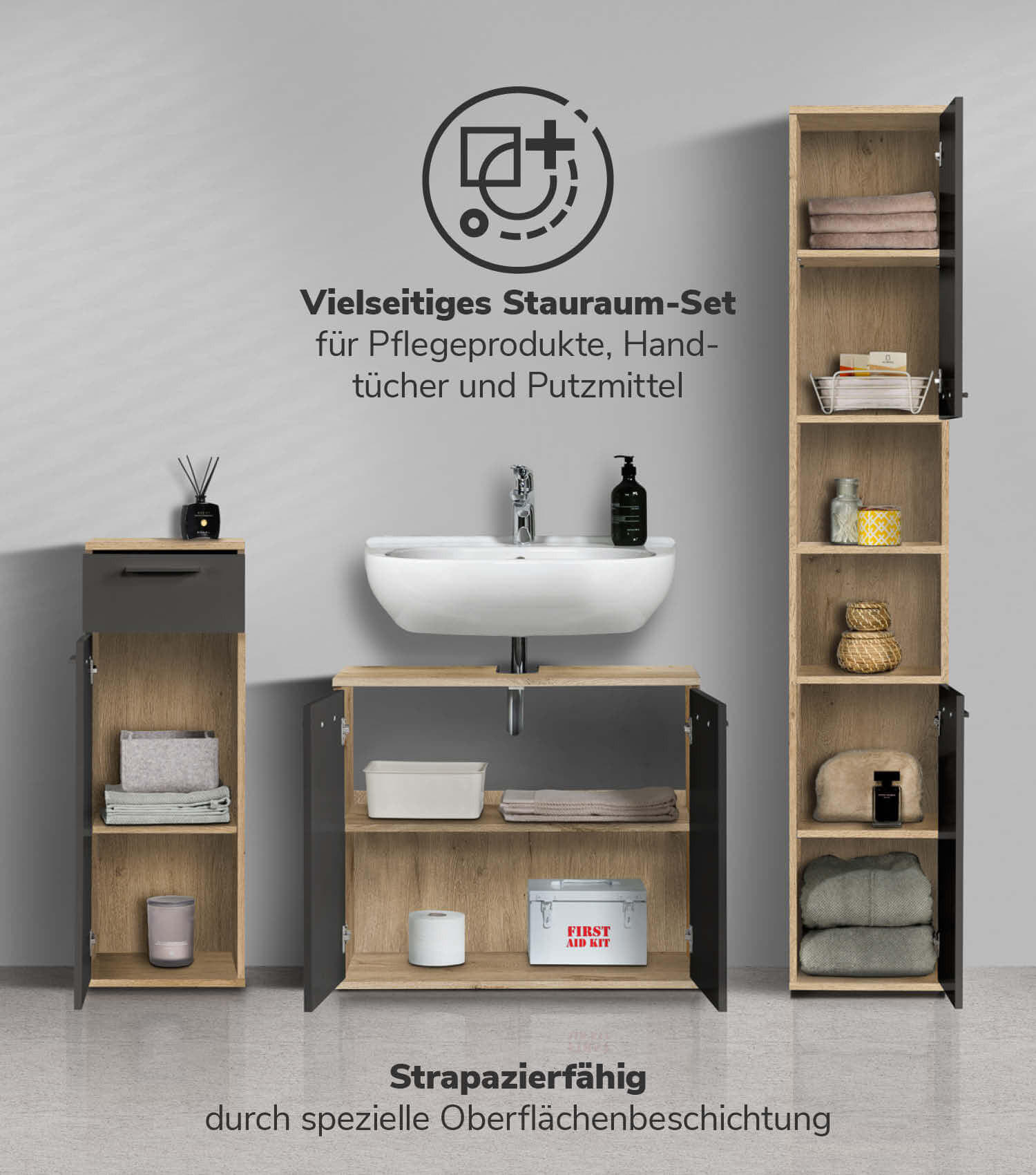 BADMÖBEL-SET 3-teilig Der Steuermann - Anthrazit, Holzwerkstoff (136/180/34cm) - Mokebo