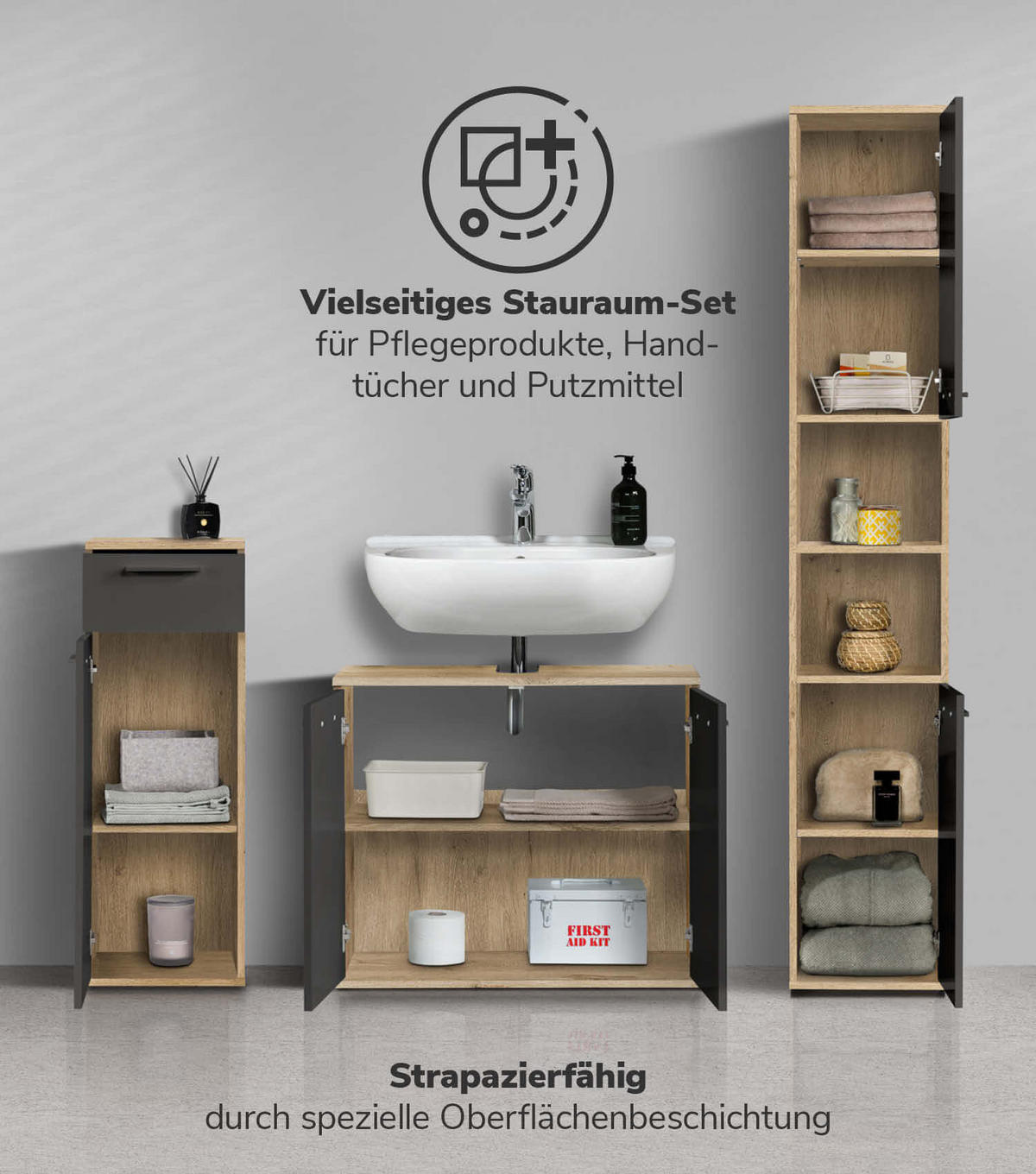 BADMÖBEL-SET 3-teilig Der Steuermann - Anthrazit, Holzwerkstoff (136/180/34cm) - Mokebo